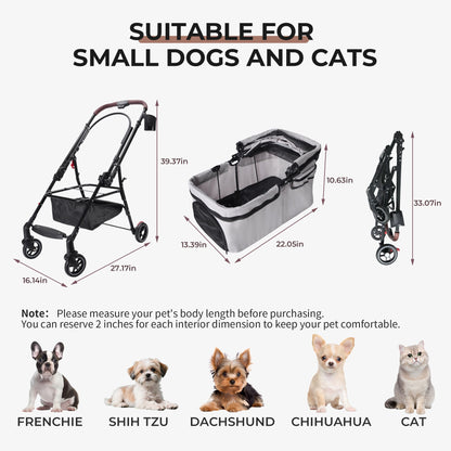 4-Wheel Foldable Pet Stroller for Dogs & Cats 360° Rotating Wheels