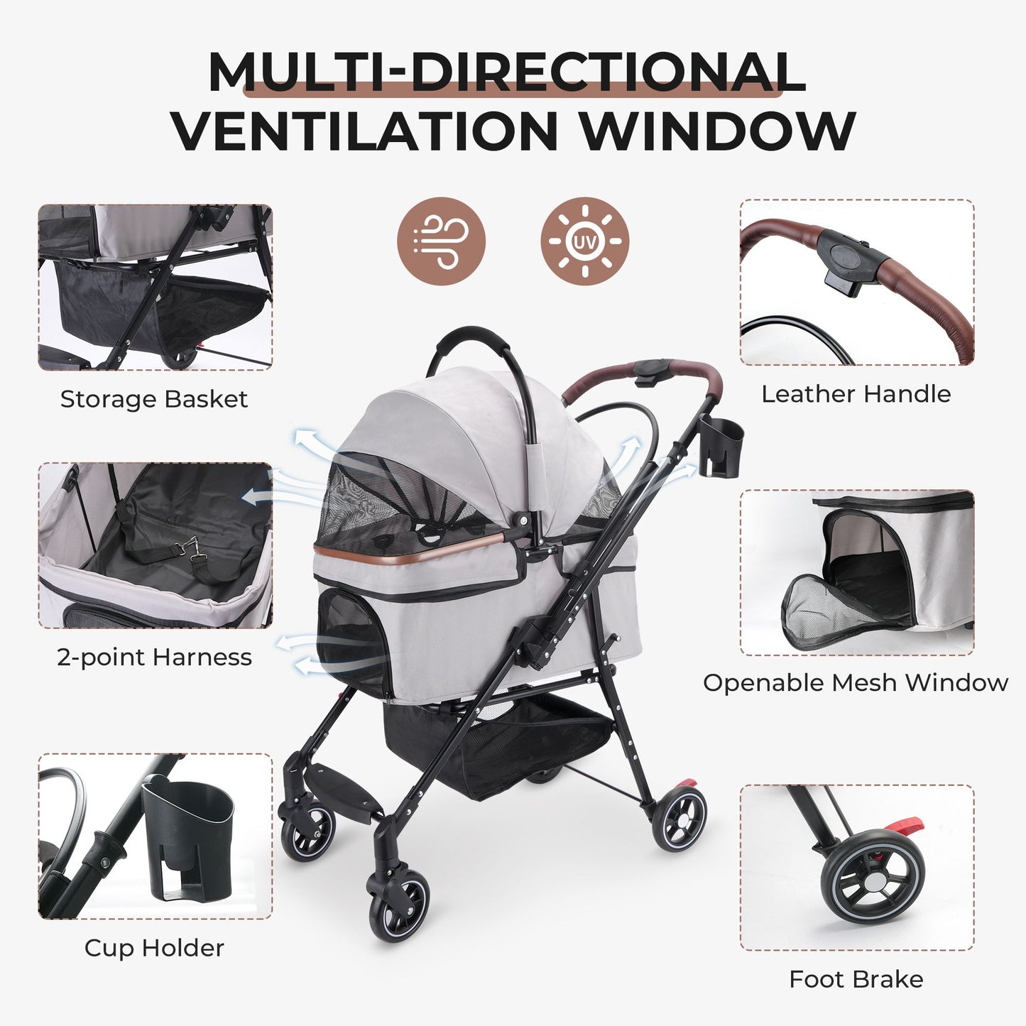 4-Wheel Foldable Pet Stroller for Dogs & Cats 360° Rotating Wheels