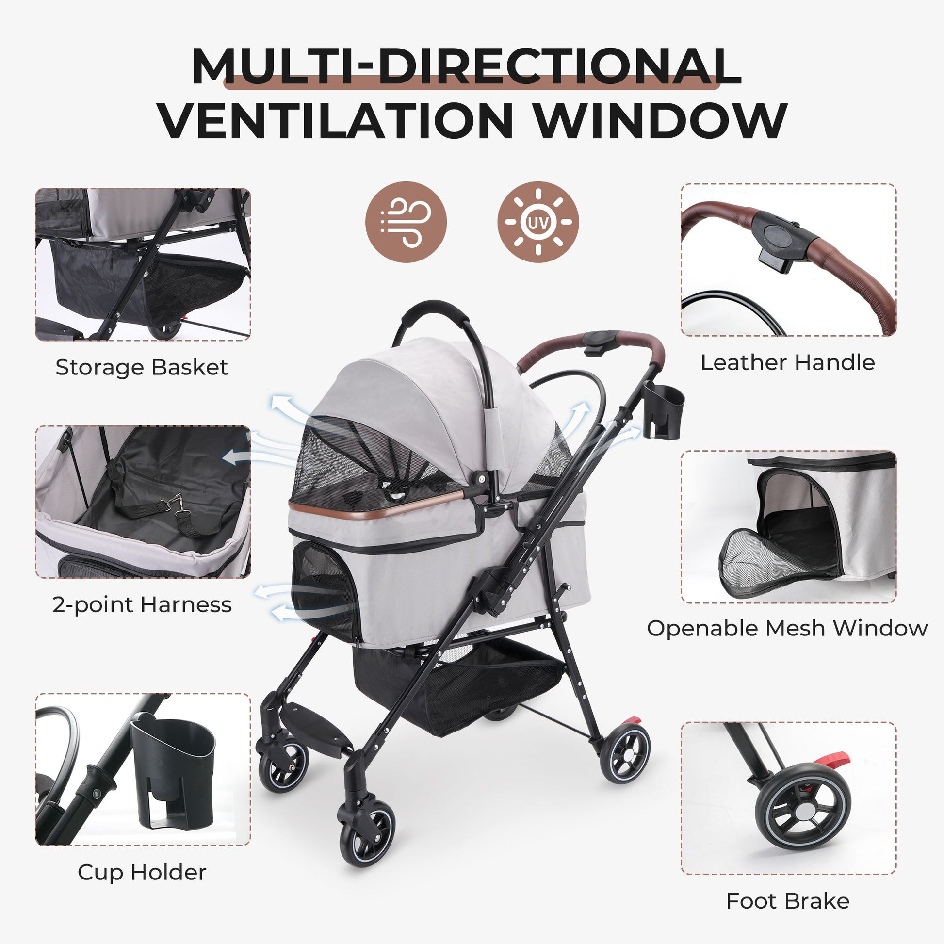 4-Wheel Foldable Pet Stroller for Dogs & Cats 360° Rotating Wheels