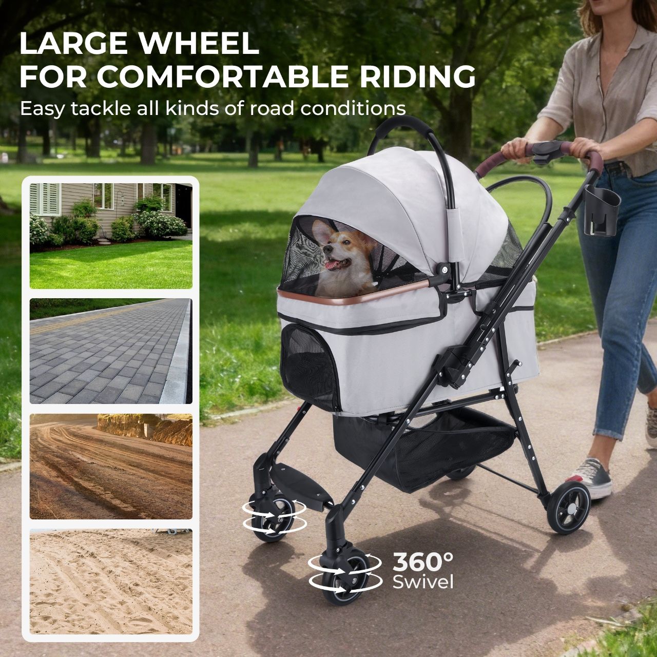 4-Wheel Foldable Pet Stroller for Dogs & Cats 360° Rotating Wheels