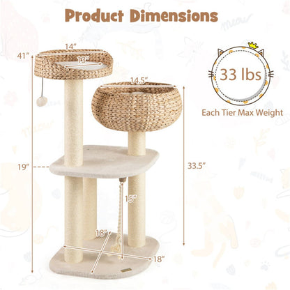 Inch Hand-Woven Water Hyacinth Cat Tree, 3 Sisal Scratching Posts