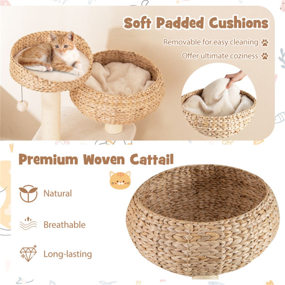 Inch Hand-Woven Water Hyacinth Cat Tree, 3 Sisal Scratching Posts