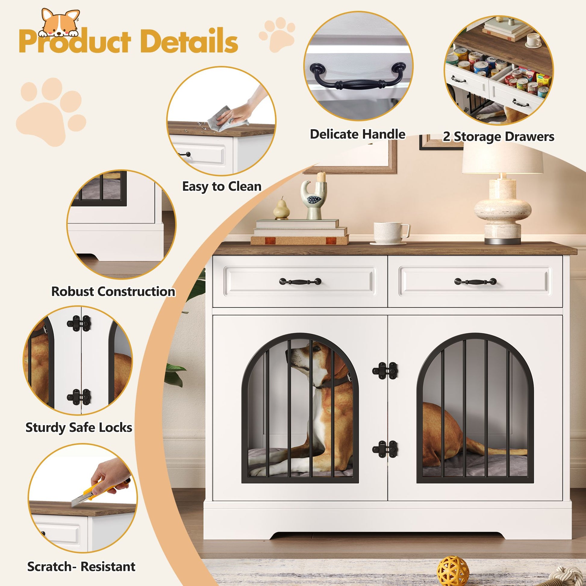 43.3" Dog Crate Furniture, Heavy Duty Indoor Dog Kennel with 2