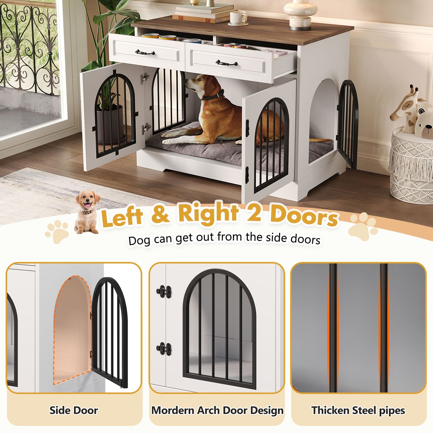 43.3" Dog Crate Furniture, Heavy Duty Indoor Dog Kennel with 2