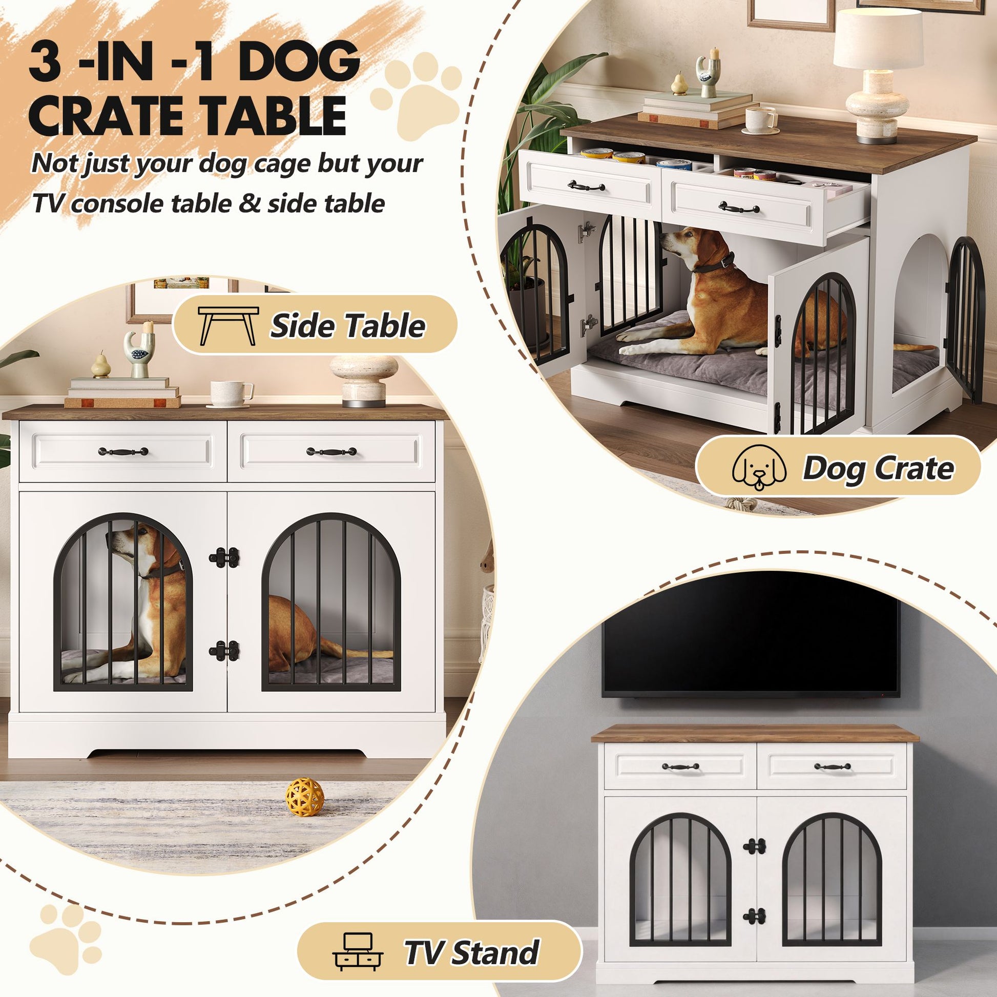43.3" Dog Crate Furniture, Heavy Duty Indoor Dog Kennel with 2