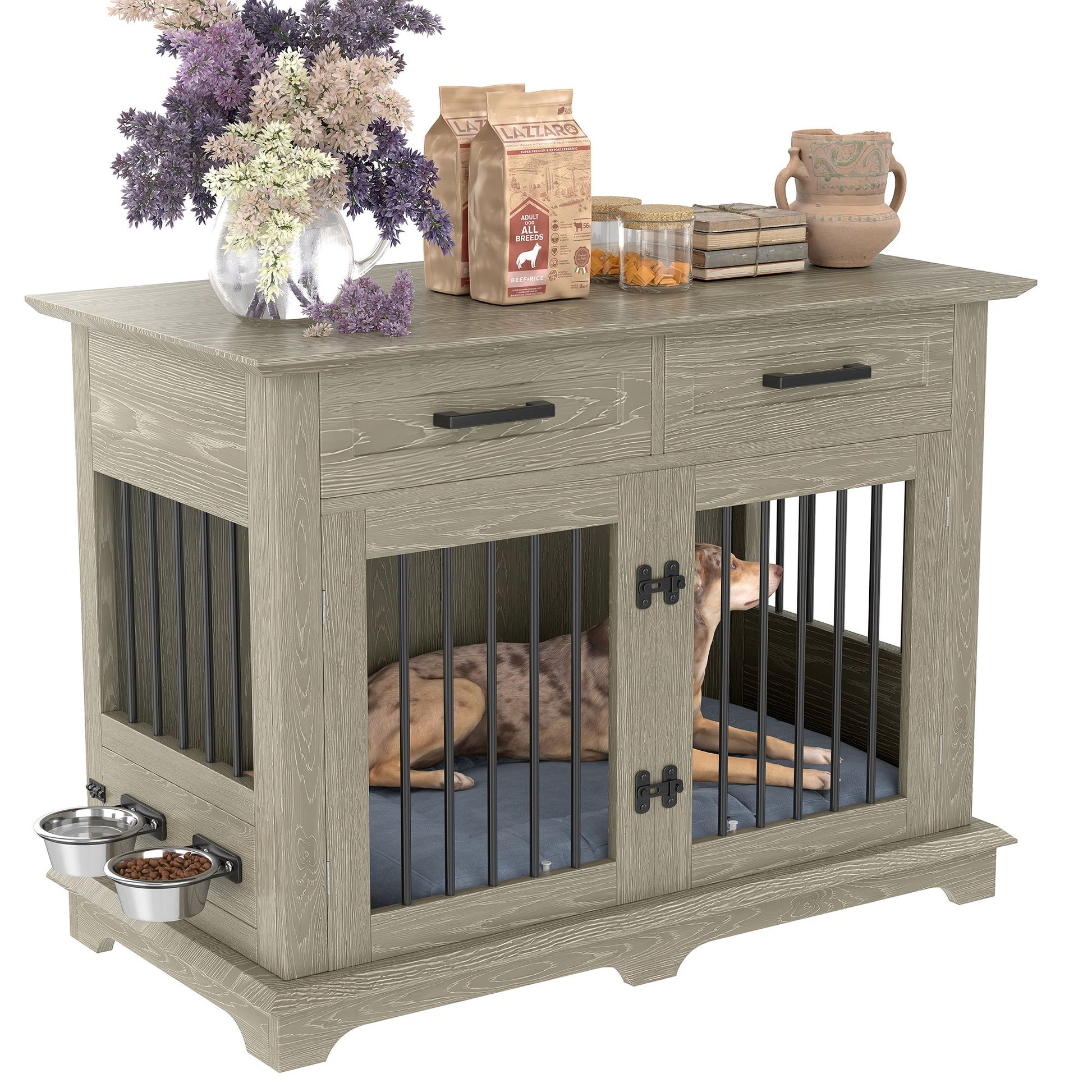44.48" Large Dog Crate Furniture, Indoor Wooden Dog Kennel End