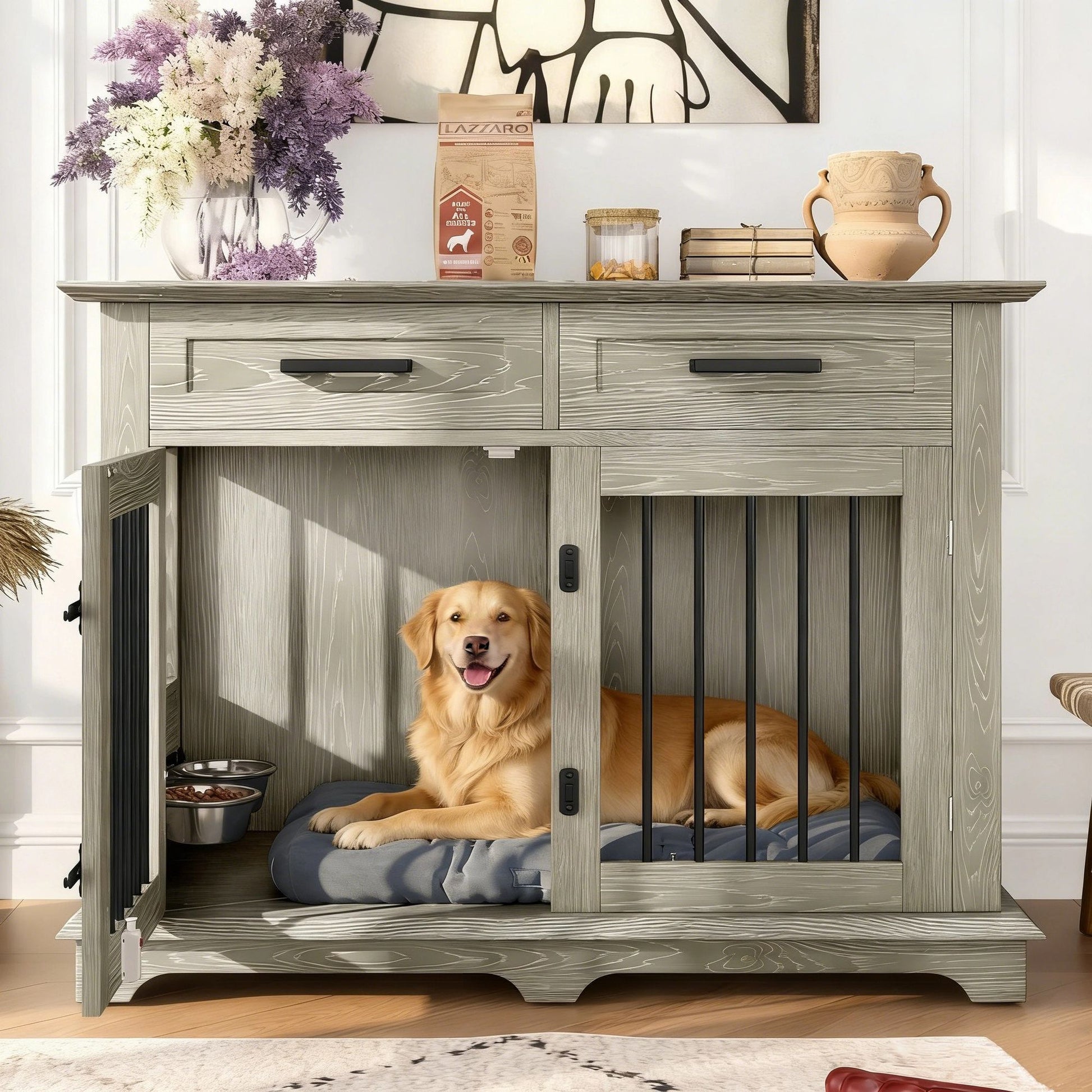 44.48" Large Dog Crate Furniture, Indoor Wooden Dog Kennel End