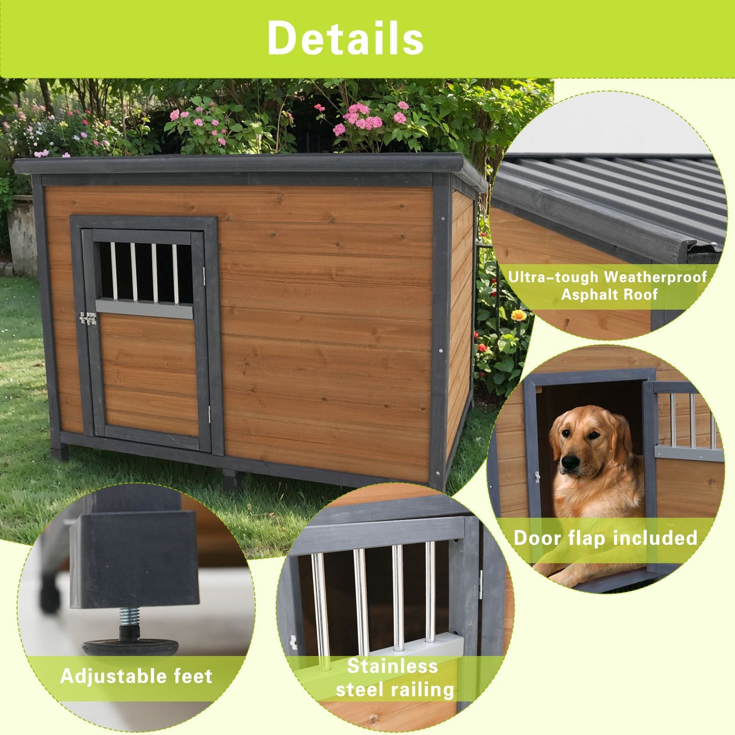45"large Solid Wood Dog House, Waterproof PVC Plastic Roof