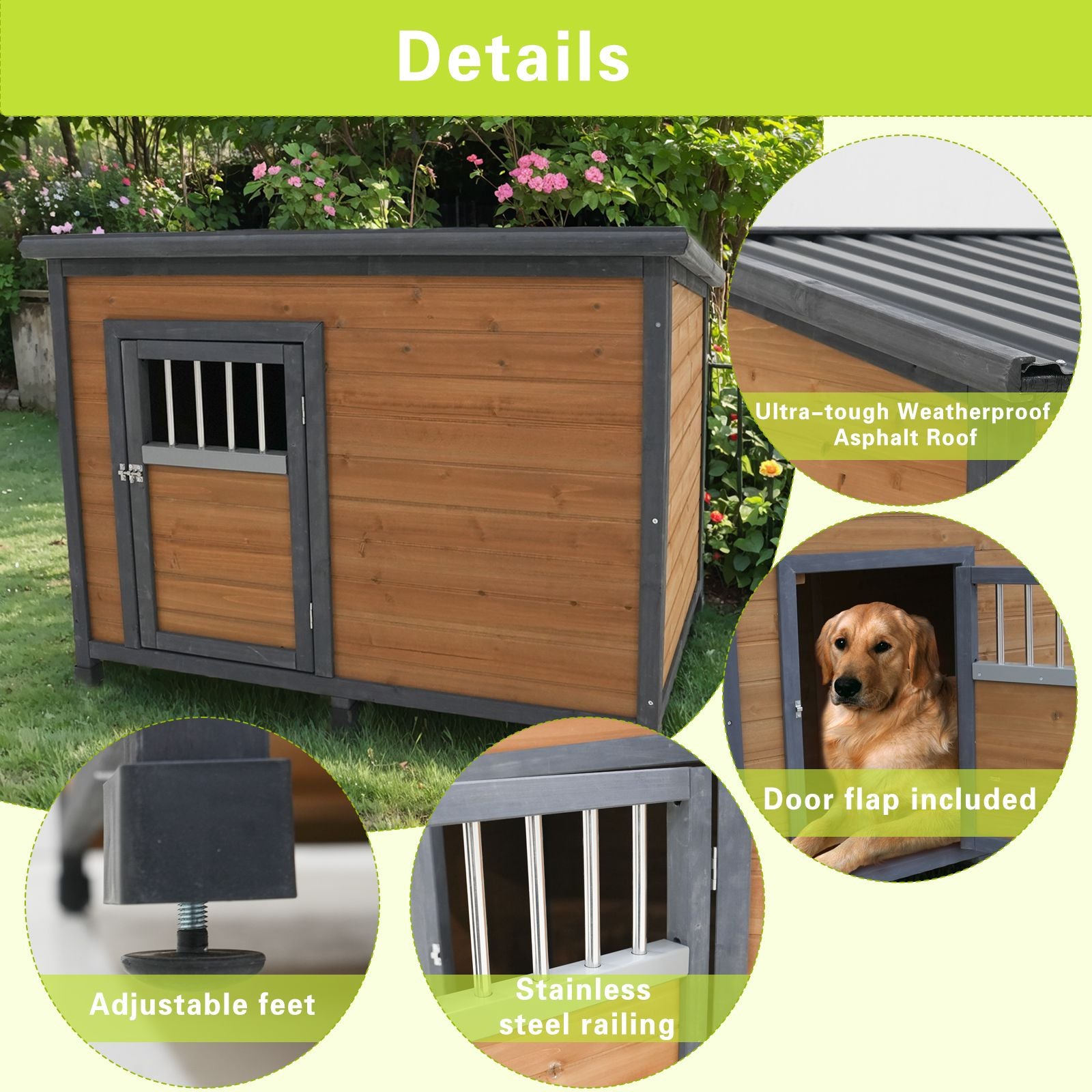 45"large Solid Wood Dog House, Waterproof PVC Plastic Roof