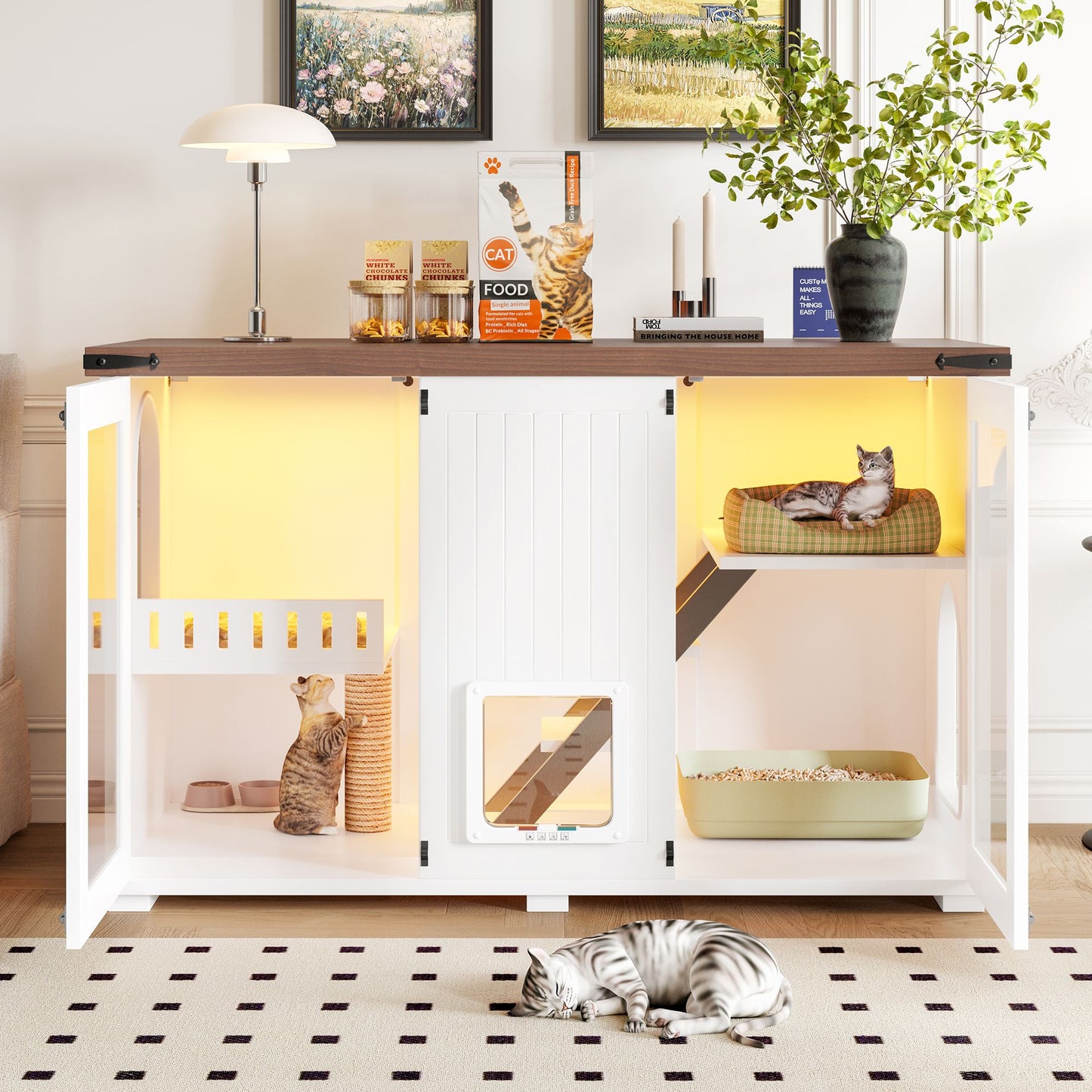 47.25" Large Cat Litter Box Enclosure with LED Light, Hidden Litter