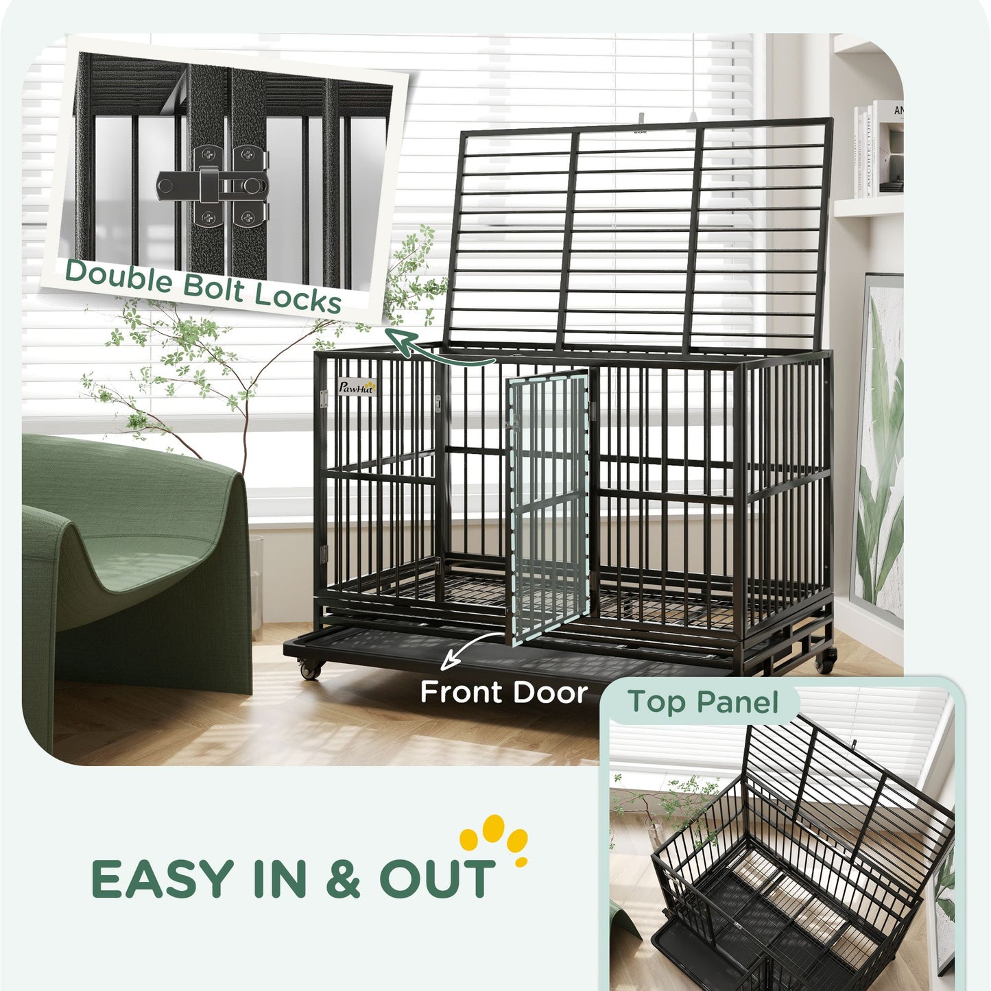 48" Heavy Duty Dog Crate Metal Cage Kennel with Lockable Wheels
