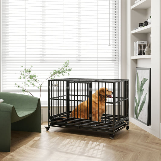 48" Heavy Duty Dog Crate Metal Cage Kennel with Lockable Wheels
