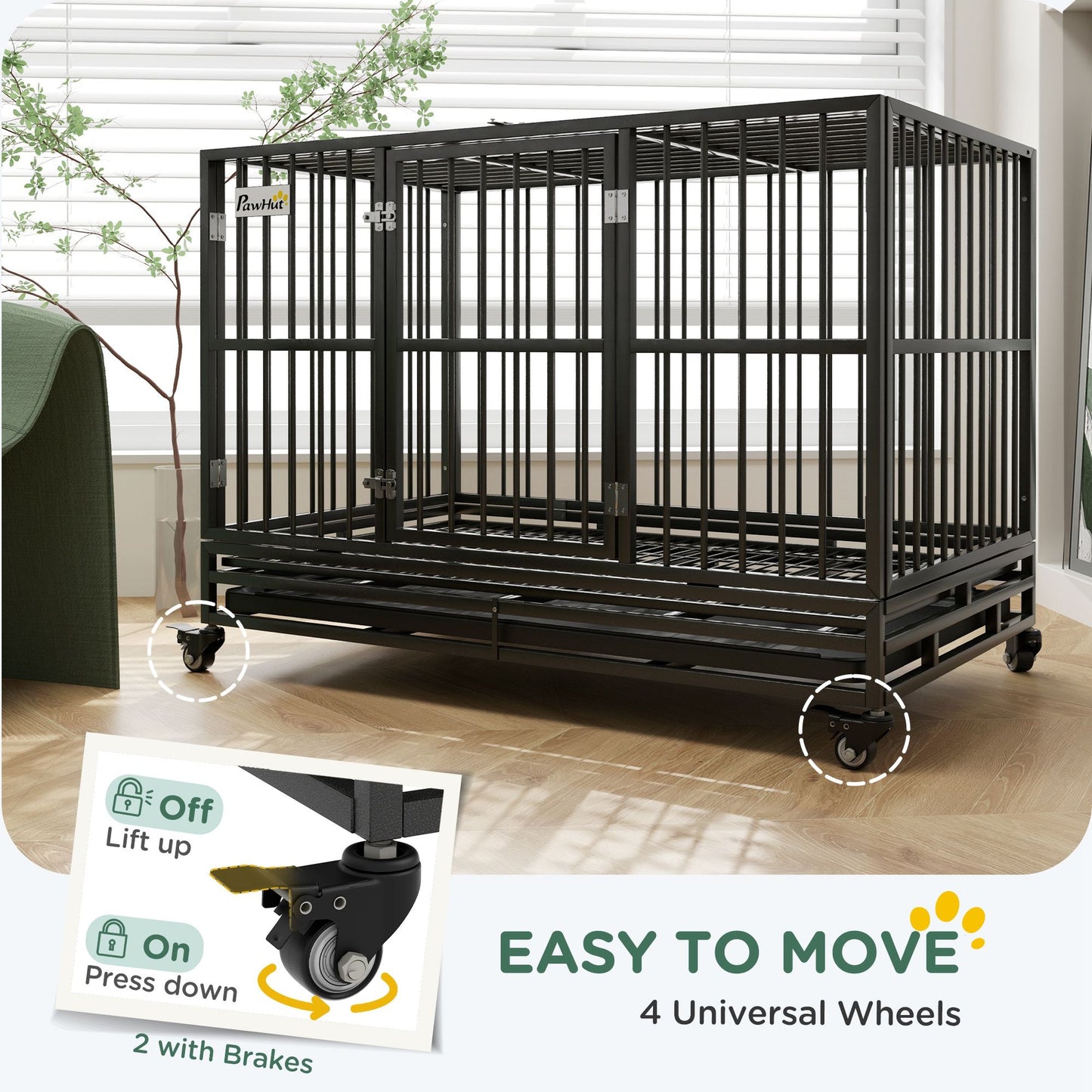 48" Heavy Duty Dog Crate Metal Cage Kennel with Lockable Wheels