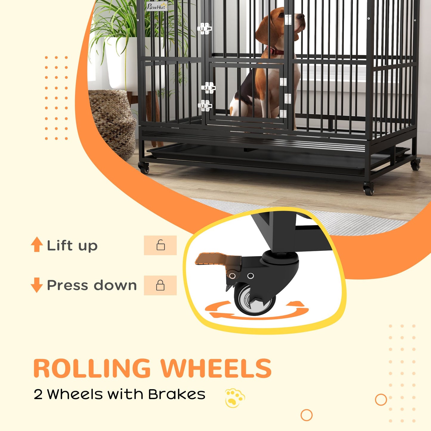 48" Heavy Duty Dog Crate with 4 Lockable Wheels, Double Doors
