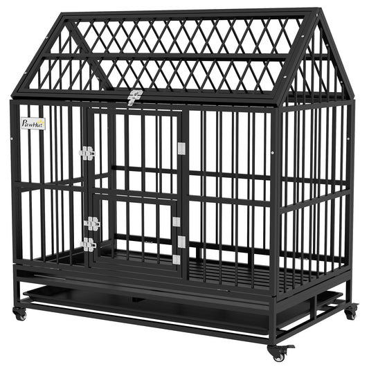48" Heavy Duty Dog Crate with 4 Lockable Wheels, Double Doors