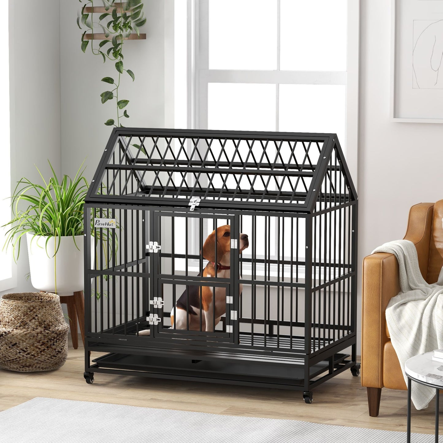 48" Heavy Duty Dog Crate with 4 Lockable Wheels, Double Doors