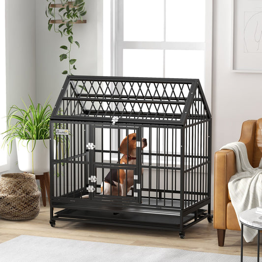 48" Heavy Duty Dog Crate with 4 Lockable Wheels, Double Doors