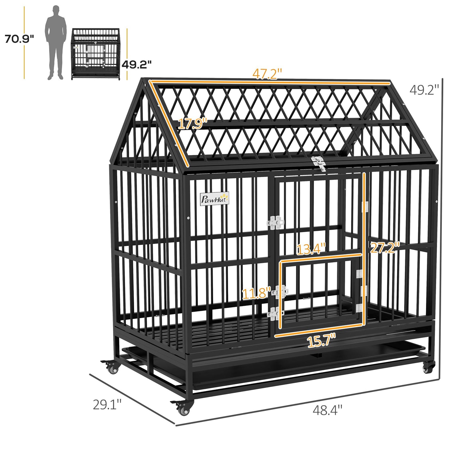 48" Heavy Duty Dog Crate with 4 Lockable Wheels, Double Doors