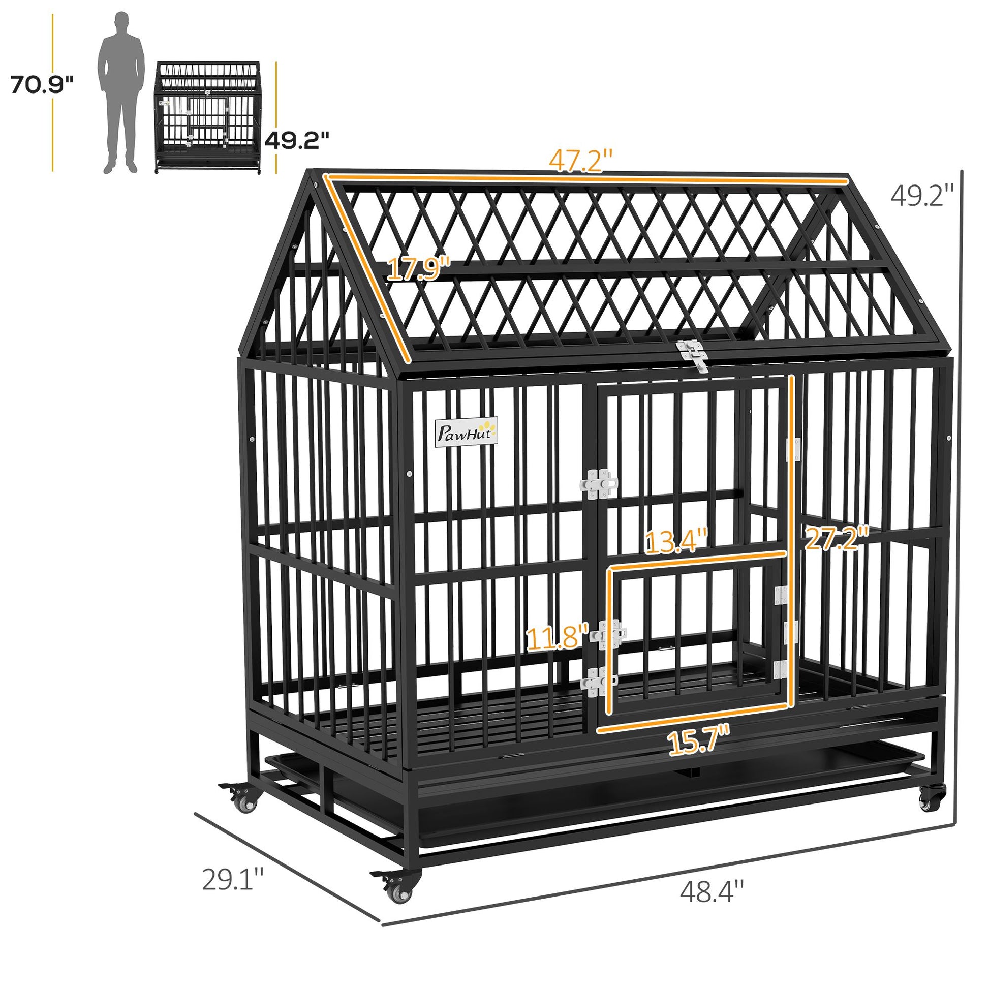 48" Heavy Duty Dog Crate with 4 Lockable Wheels, Double Doors