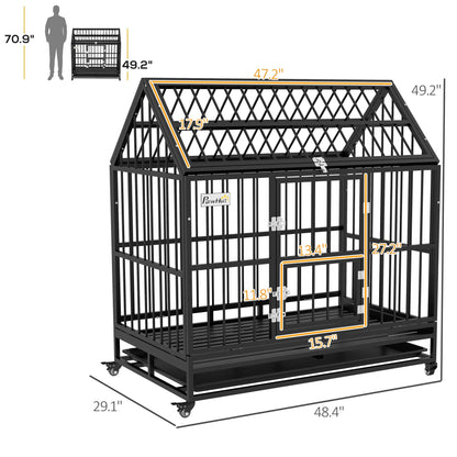 48" Heavy Duty Dog Crate with 4 Lockable Wheels, Double Doors