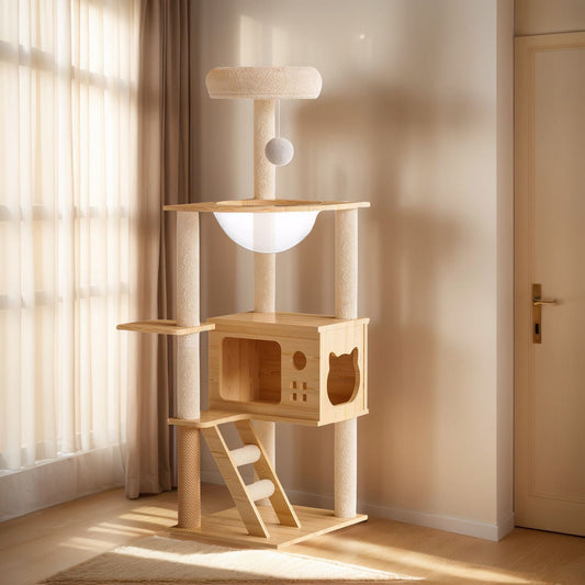 48.8" Modern Cat Tower, Wood Cat Tree Tower for Indoor Cats, Cat
