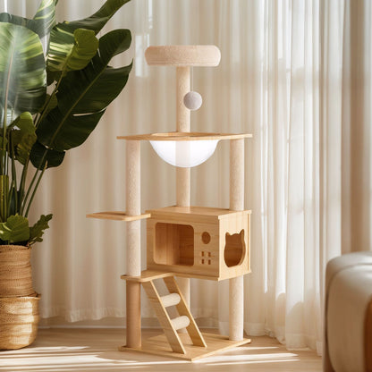 48.8" Modern Cat Tower, Wood Cat Tree Tower for Indoor Cats, Cat