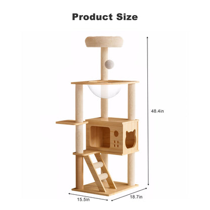 48.8" Modern Cat Tower, Wood Cat Tree Tower for Indoor Cats, Cat