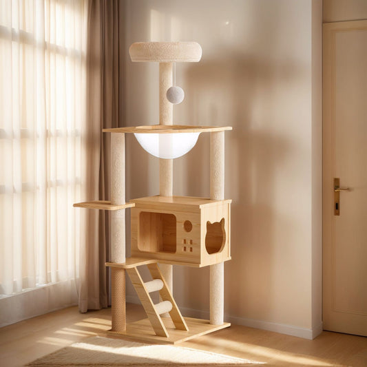 48.8" Modern Cat Tower, Wood Cat Tree Tower for Indoor Cats, Cat