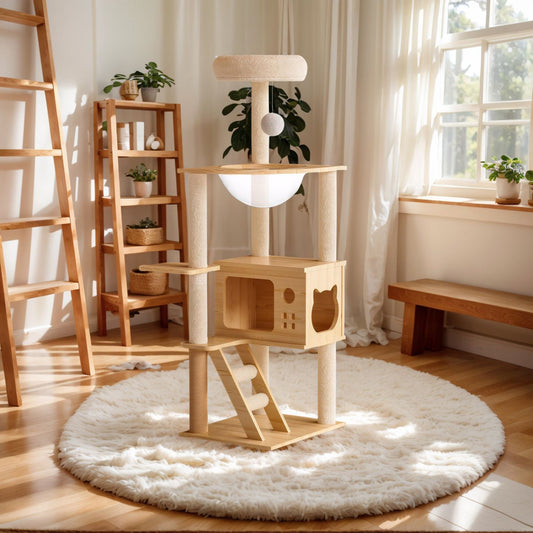 48.8" Modern Cat Tower, Wood Cat Tree Tower for Indoor Cats, Cat