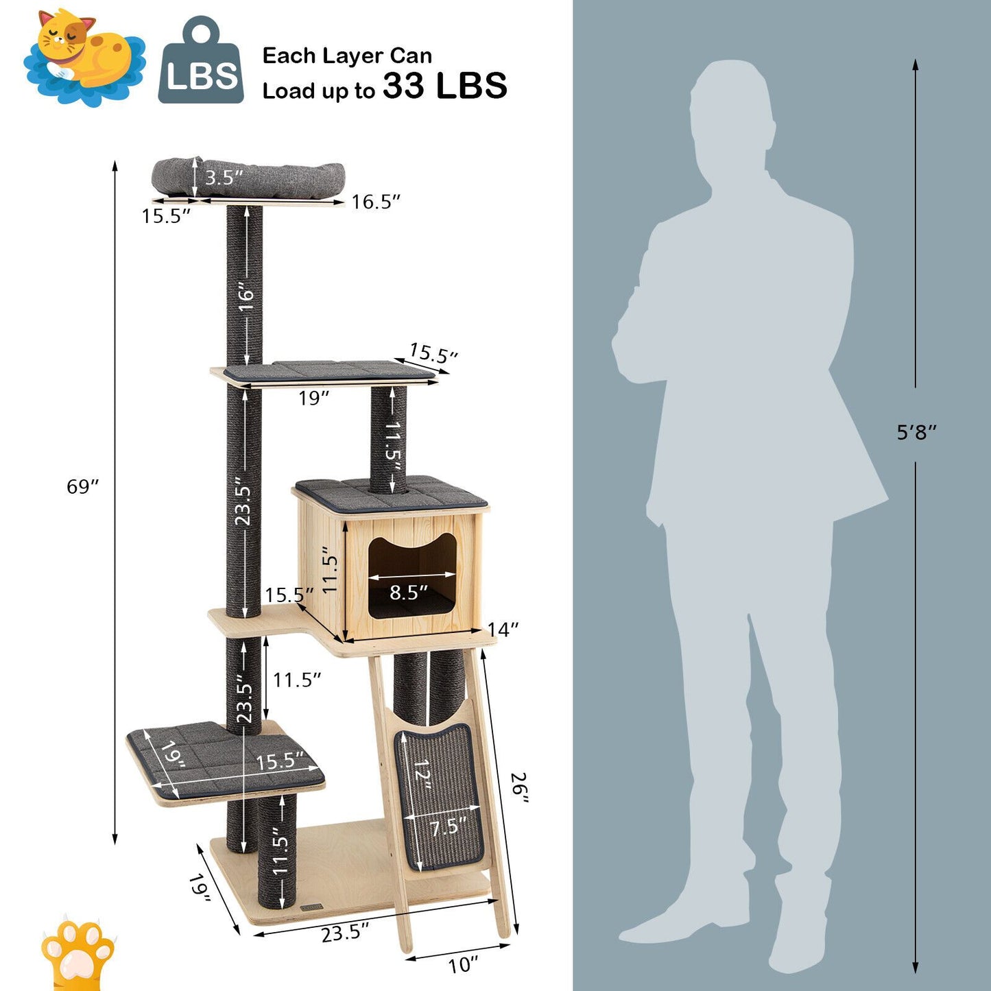 5-Tier Modern Wood Cat Tower with Washable Cushions