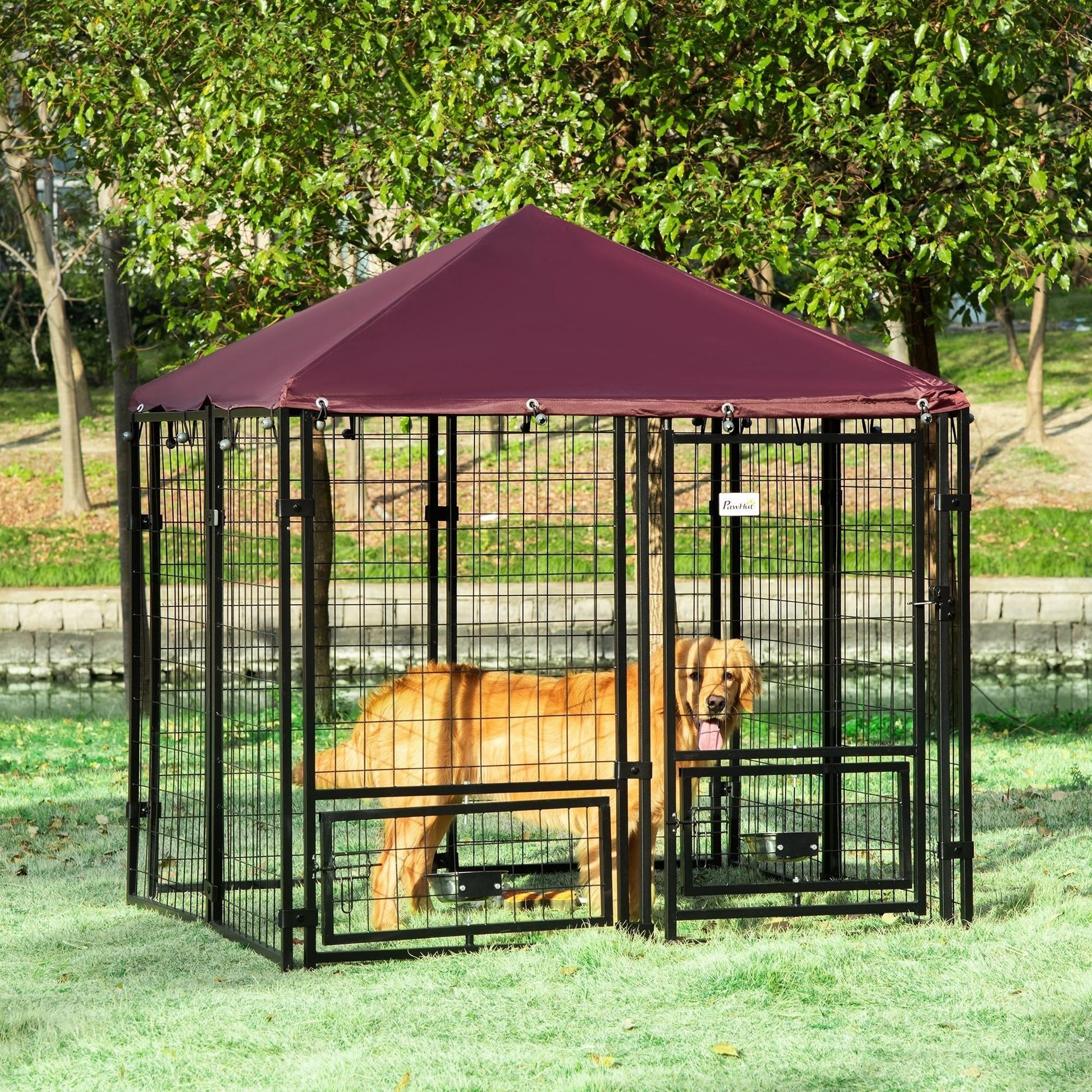 Outdoor Dog Kennel with Rotating Bowl Holders, Walk-in Pet Playpen