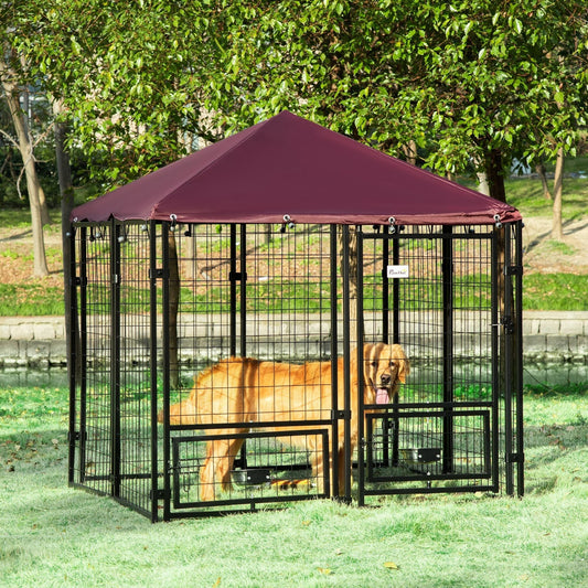 Outdoor Dog Kennel with Rotating Bowl Holders, Walk-in Pet Playpen