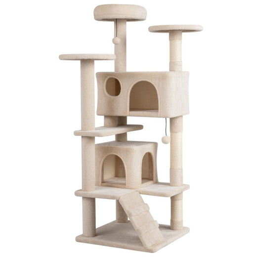 52" Tall Cat Tree Tower with Perches & Condos, Multi-Cat Playground, (Beige