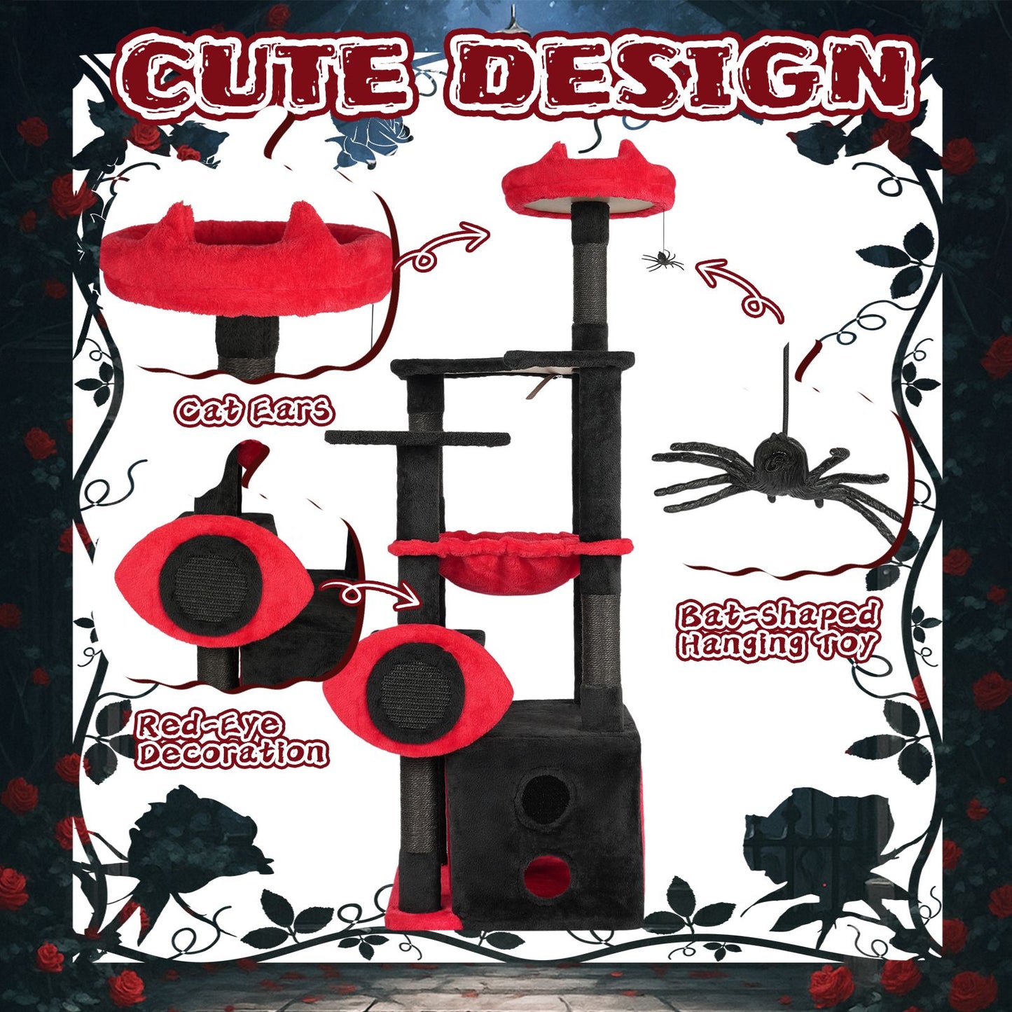 53" Large Cat Tree, Gothic Cat Tower with Padded Perch, Spacious