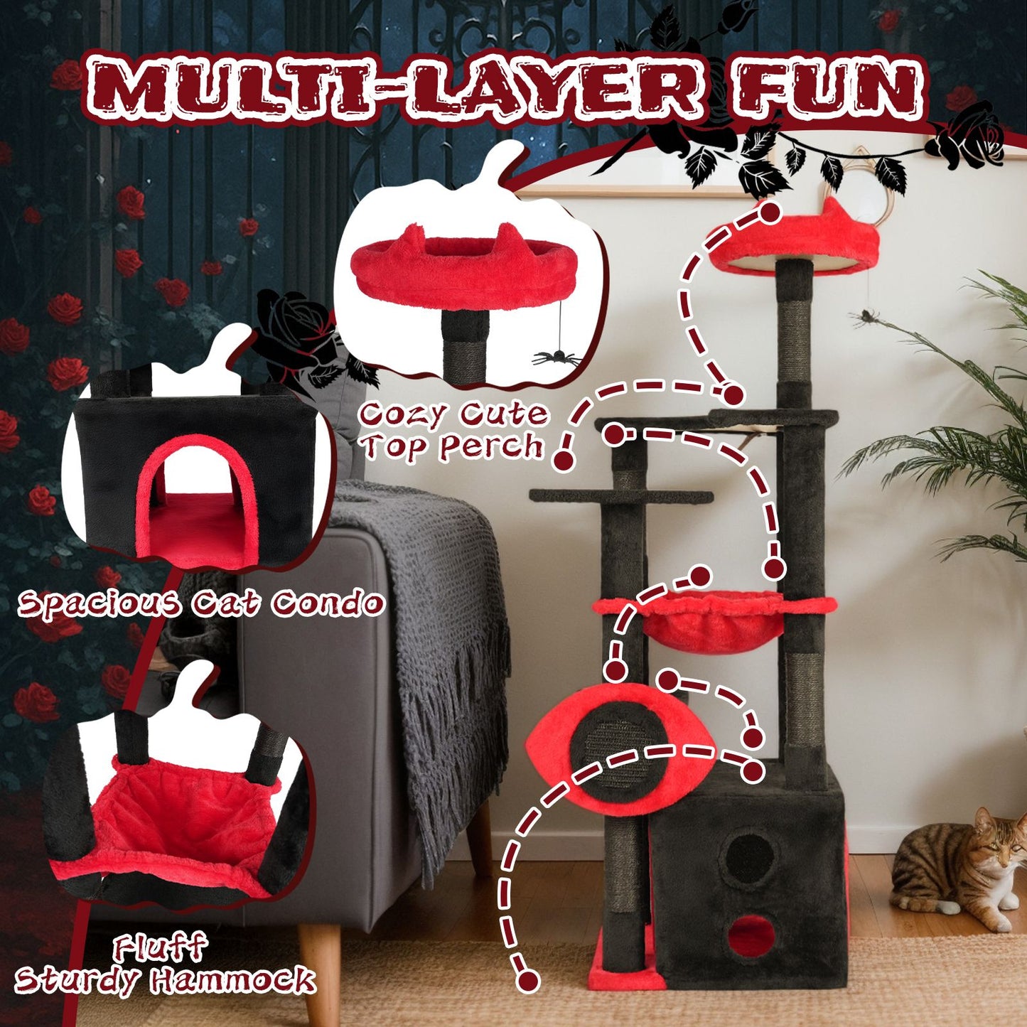 53" Large Cat Tree, Gothic Cat Tower with Padded Perch, Spacious
