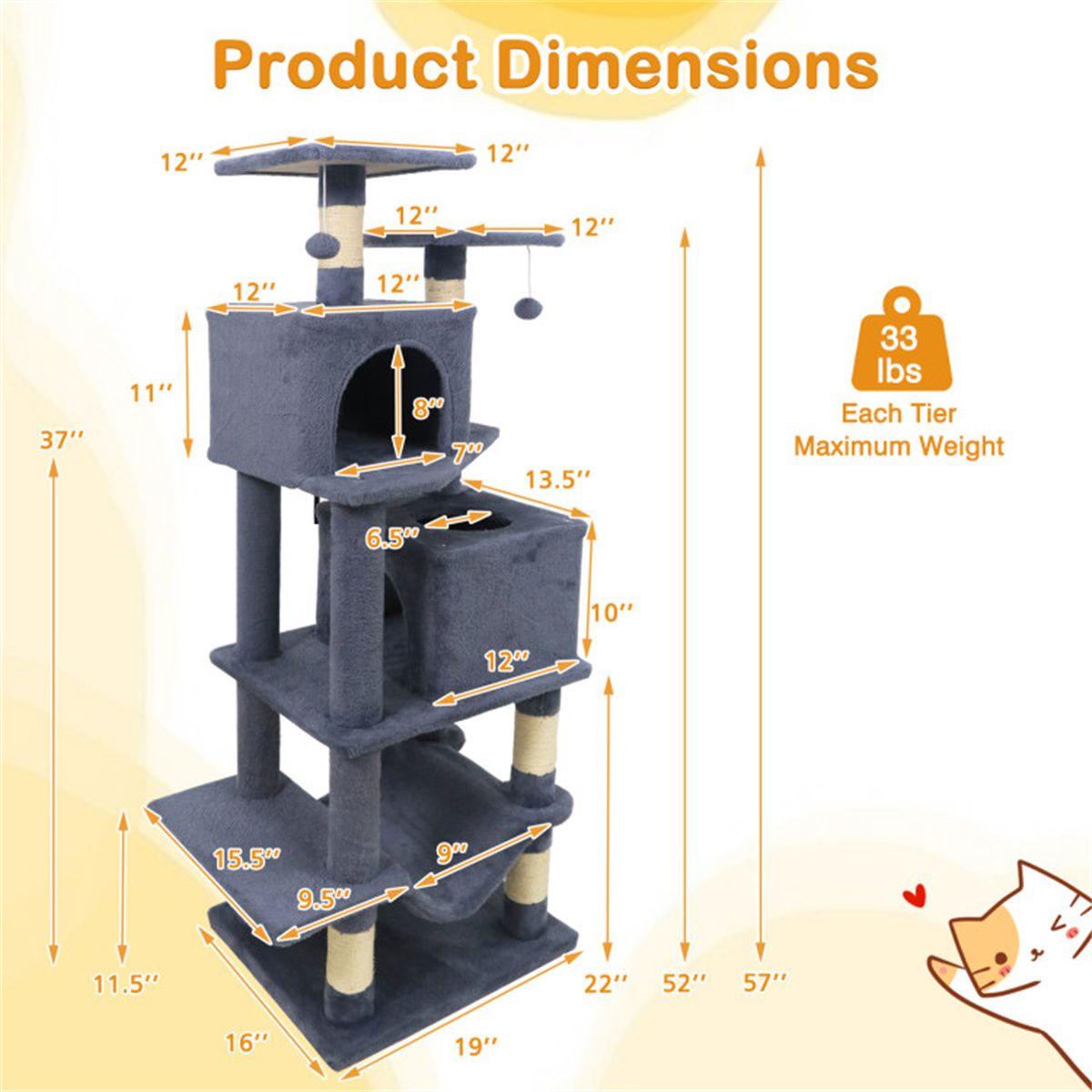 57" Multi-Level Cat Tree for Multi-Cat Households, 2 Condos &