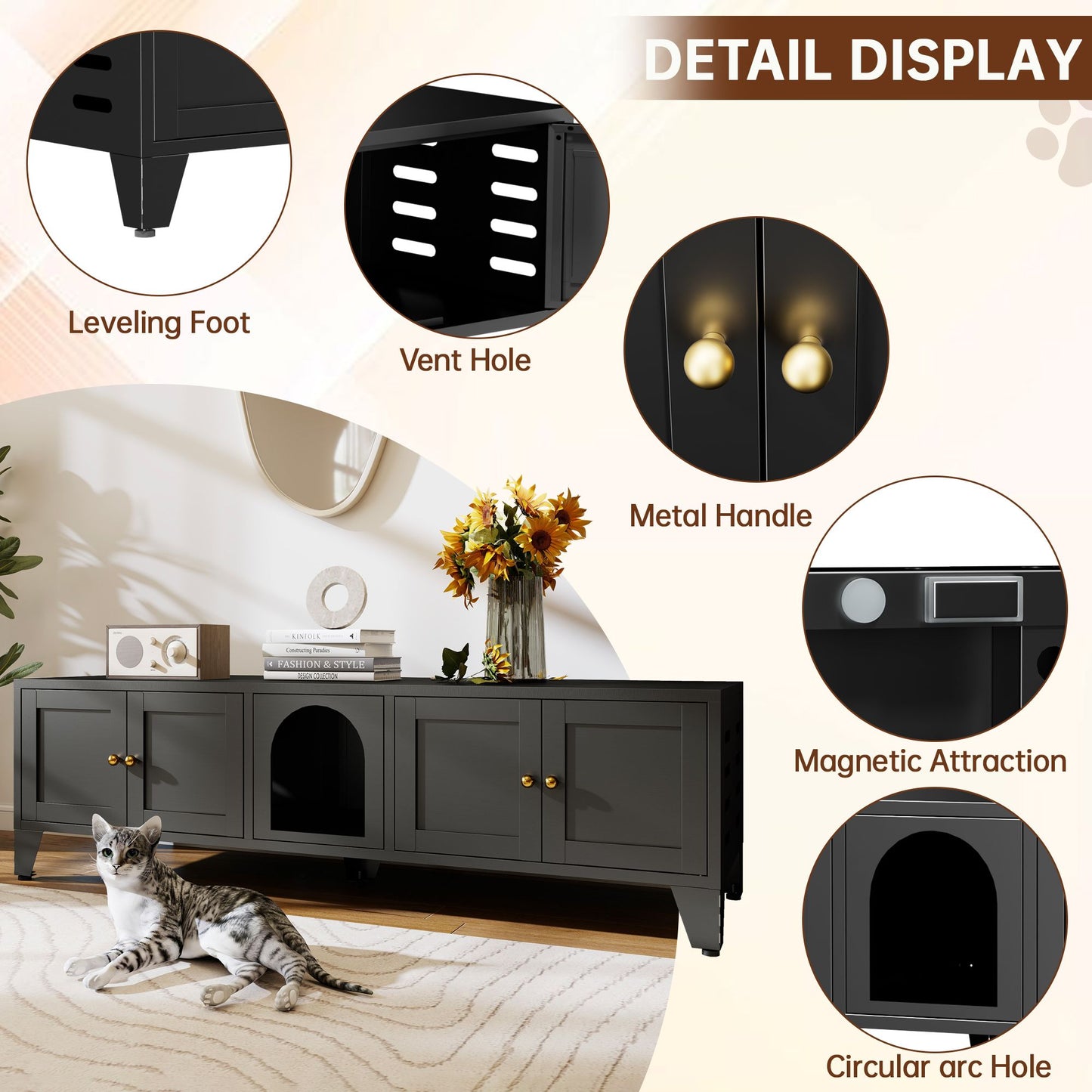 58" Metal Cat Litter Box Enclosure, Hidden Litter Box Furniture