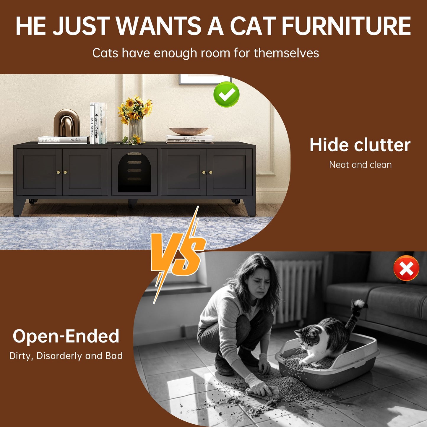 58" Metal Cat Litter Box Enclosure, Hidden Litter Box Furniture