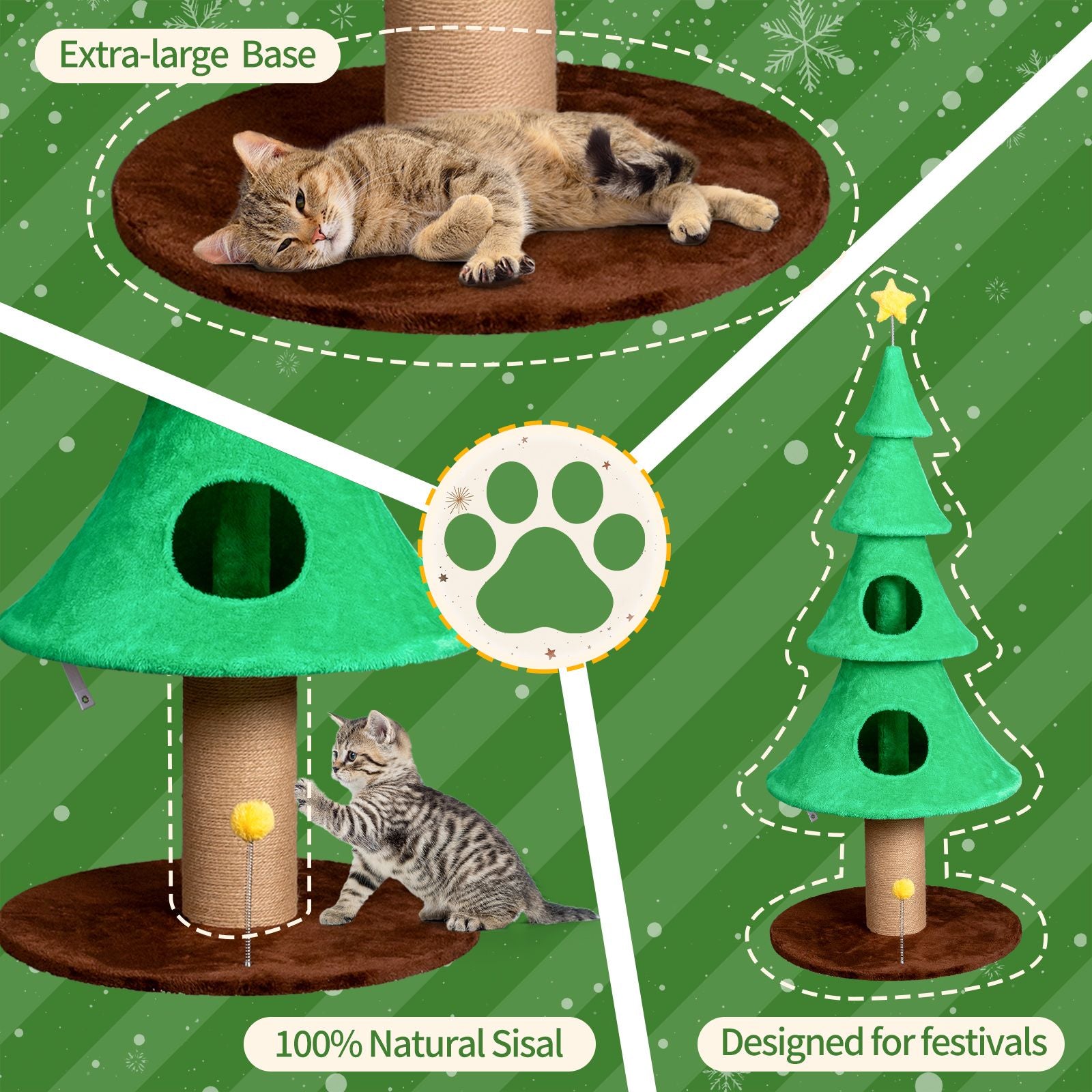 59in Large Tall Christmas Tree Cat Tower with 2 Cat Condos &