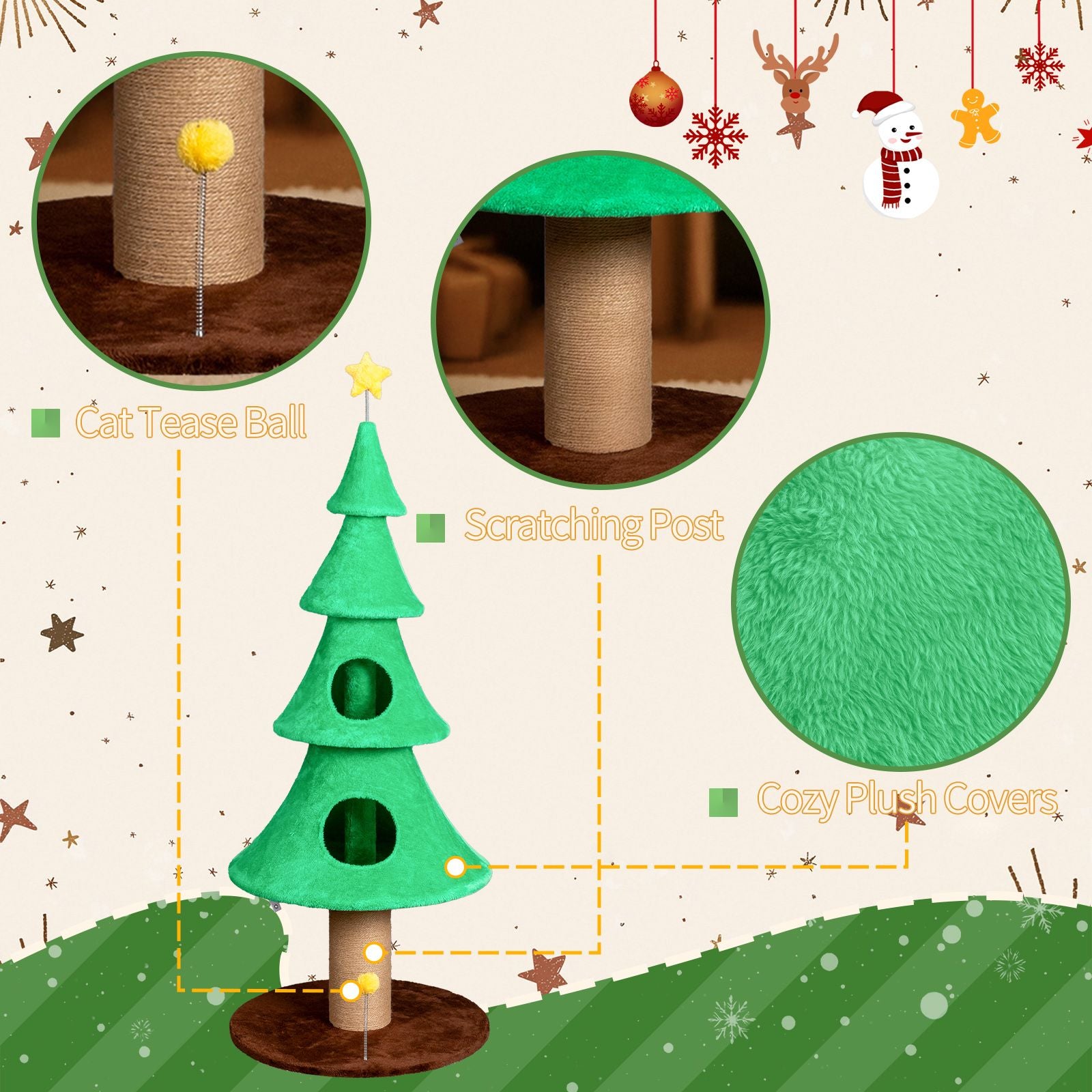 59in Large Tall Christmas Tree Cat Tower with 2 Cat Condos &