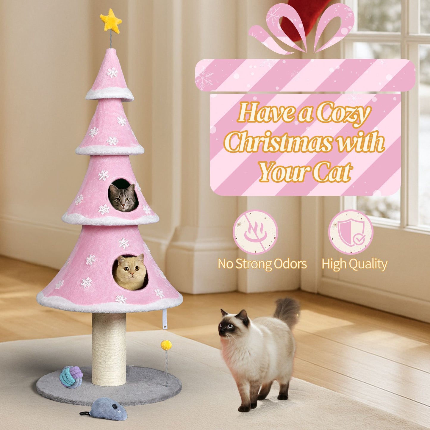 59in Large Tall Christmas Tree Cat Tower with 2 Cat Condos &