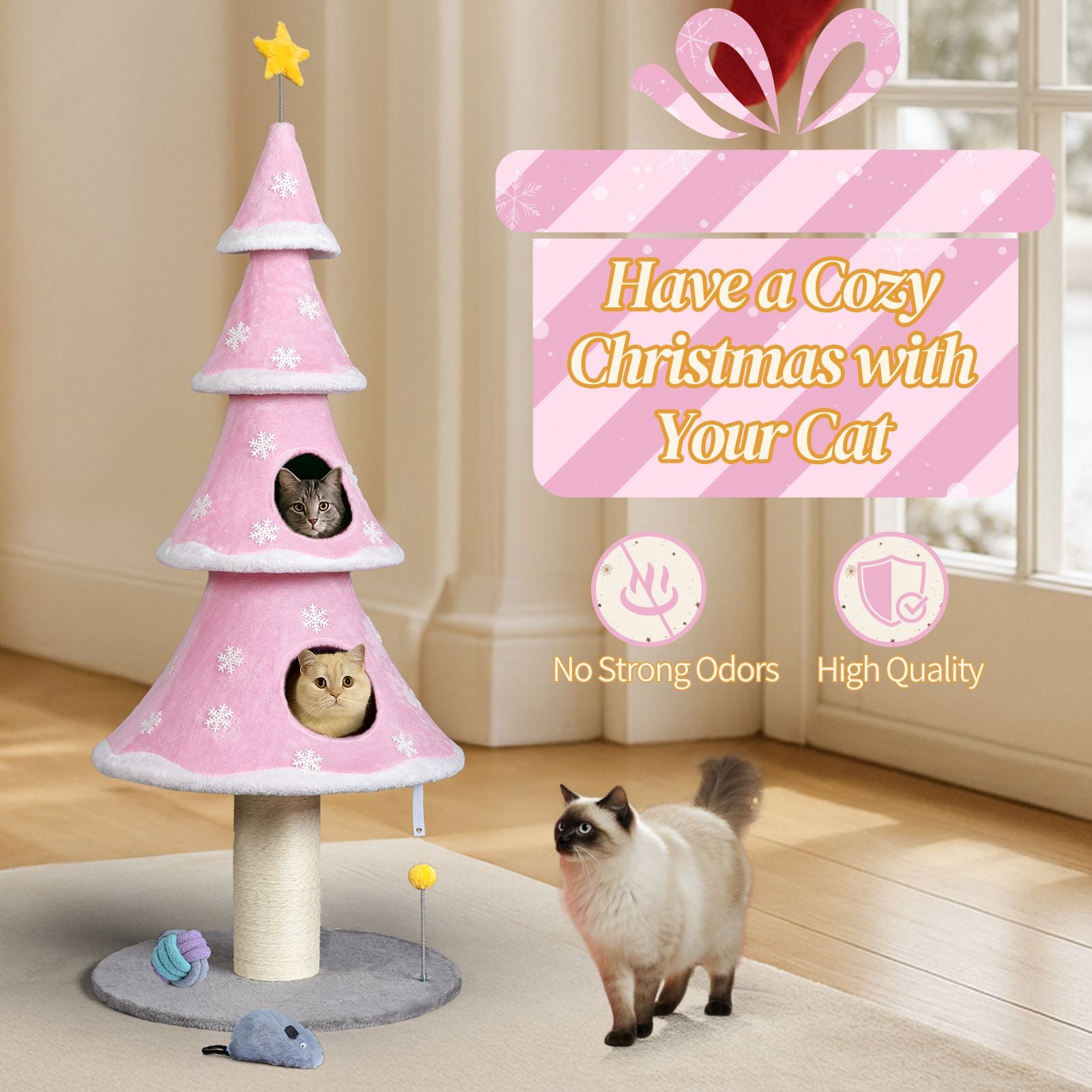 59in Large Tall Christmas Tree Cat Tower with 2 Cat Condos &