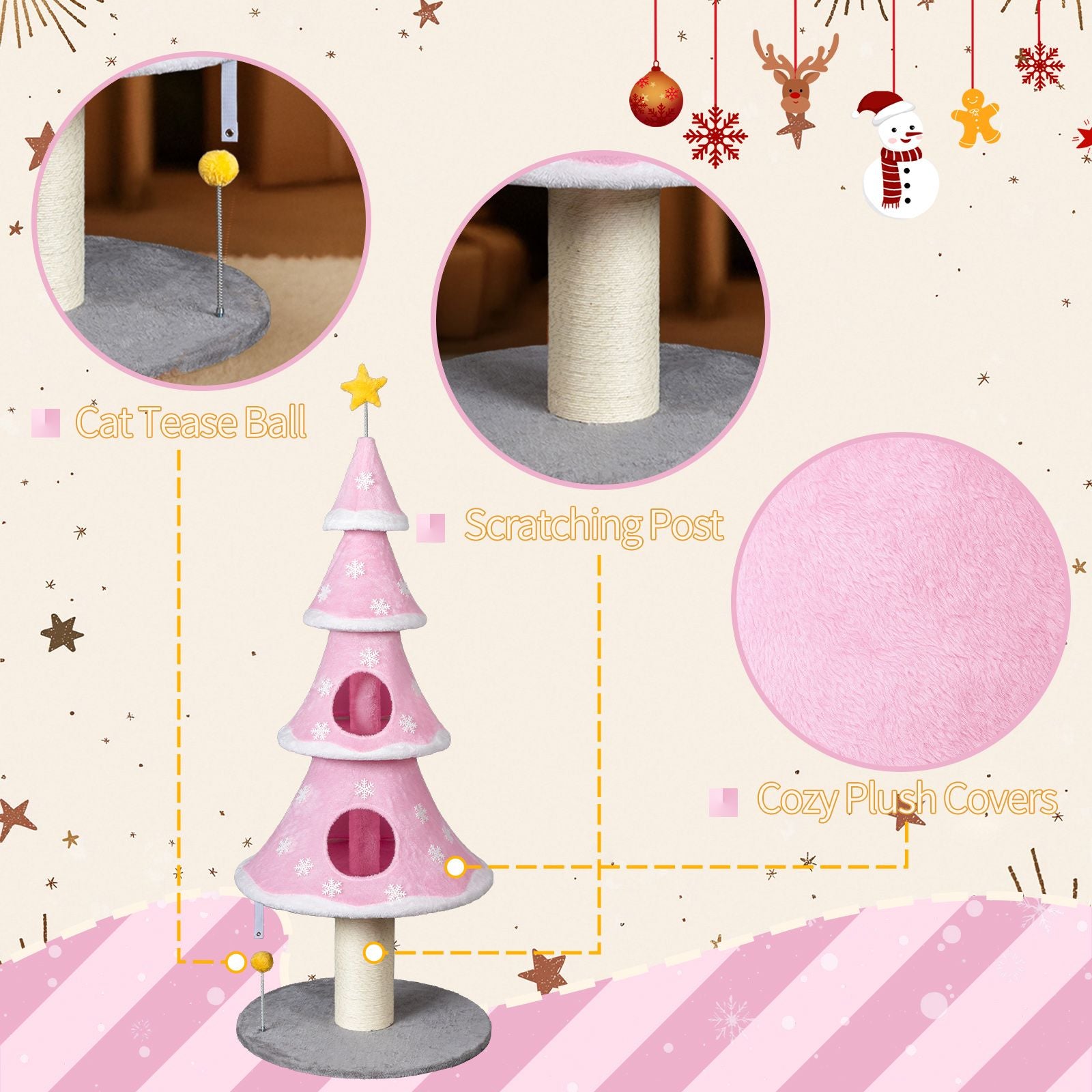 59in Large Tall Christmas Tree Cat Tower with 2 Cat Condos &