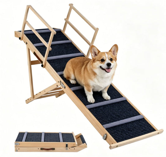 6-Level Adjustable Foldable Pet Ramp, Solid Pine Wood Non-Slip Dog