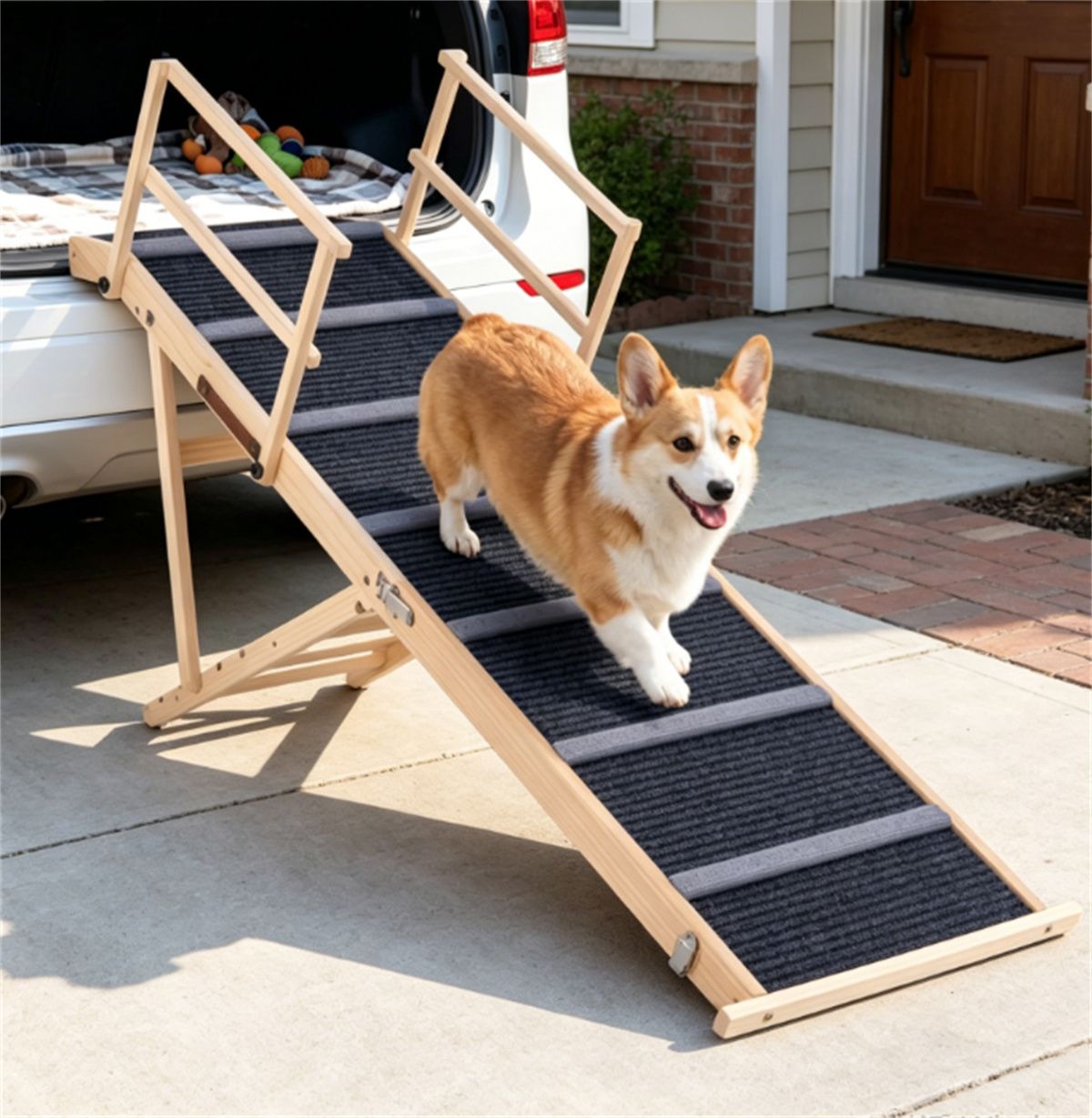 6-Level Adjustable Foldable Pet Ramp, Solid Pine Wood Non-Slip Dog