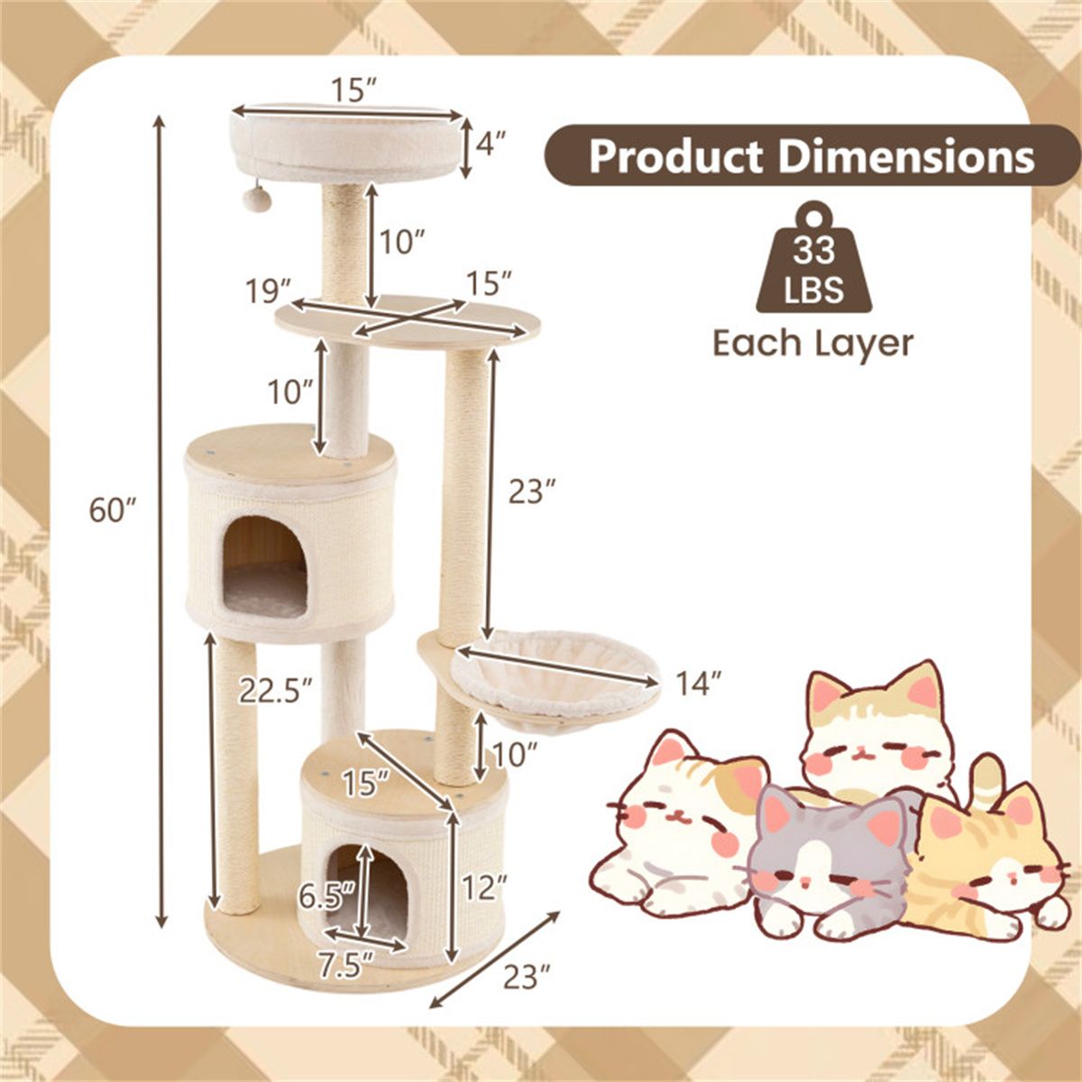 Inch Tall Wooden Cat Tree Multi-Level Cat Tower with Sisal
