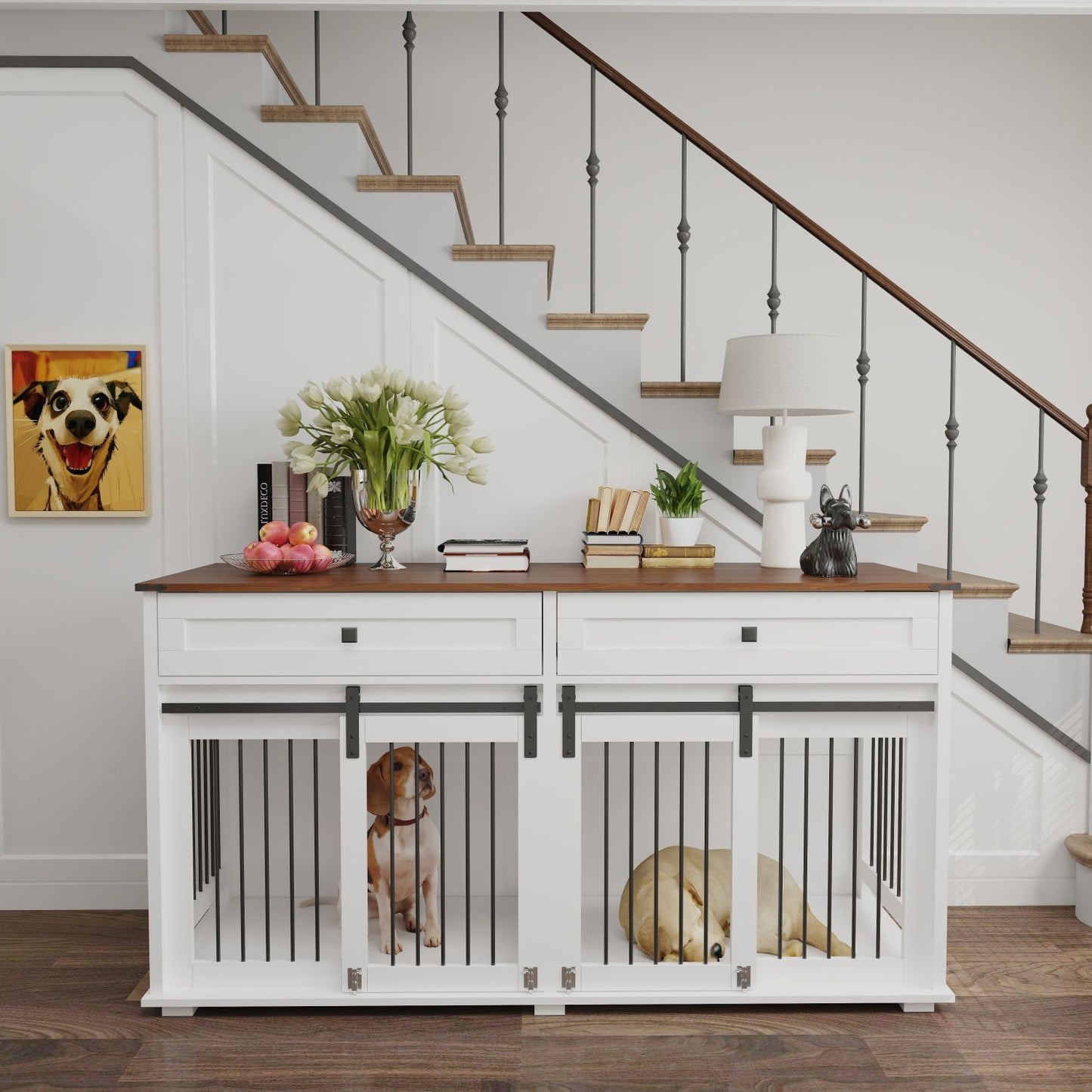 63'' Large Dog Crate Furniture for Double Dog, Wooden Dog Kennel