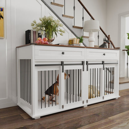 63'' Large Dog Crate Furniture for Double Dog, Wooden Dog Kennel