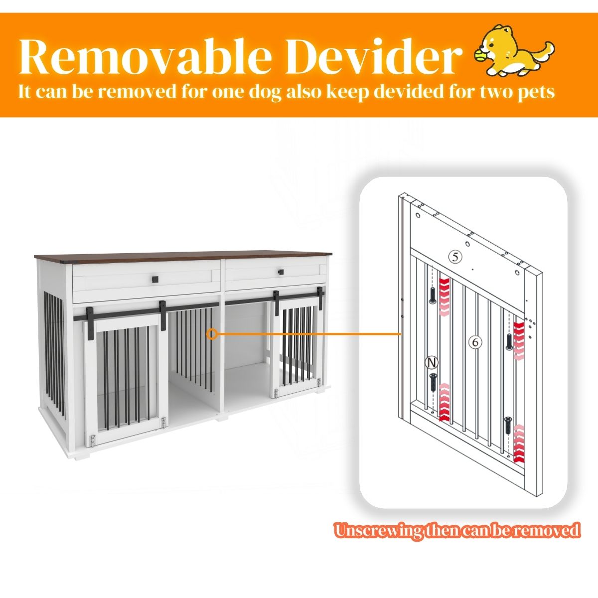 63'' Large Dog Crate Furniture for Double Dog, Wooden Dog Kennel
