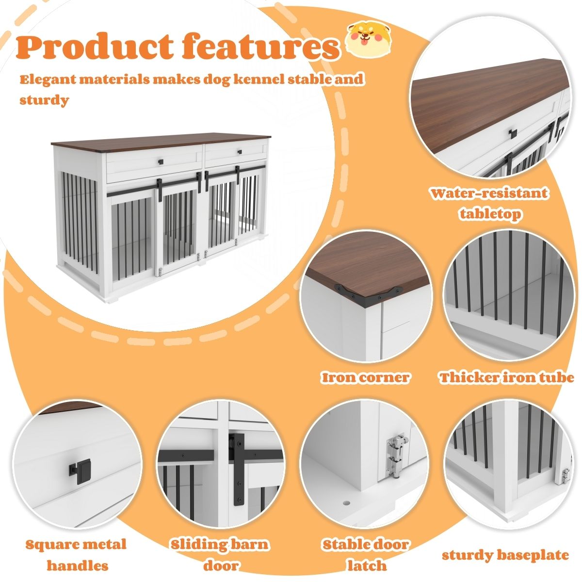 63'' Large Dog Crate Furniture for Double Dog, Wooden Dog Kennel